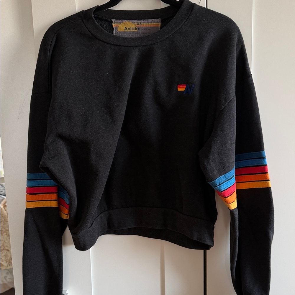 Aviator Nation Black Sweatshirt with Rainbow Stripes